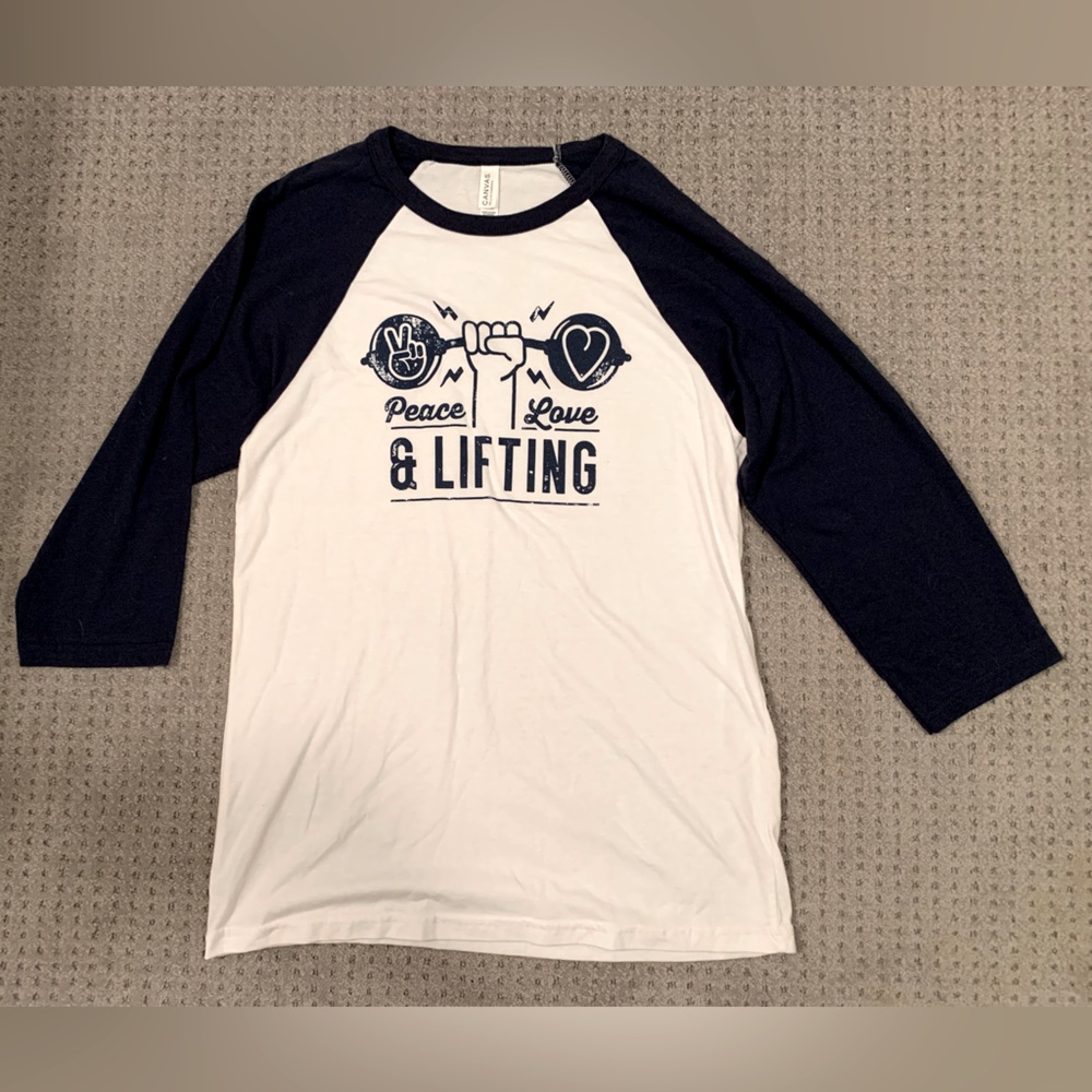 ⭐️🏋️‍♀️ "Peace Love & Lifting" BELLA CANVAS Women 3/4 Sleeves - Medium 🏋️‍♀️⭐️